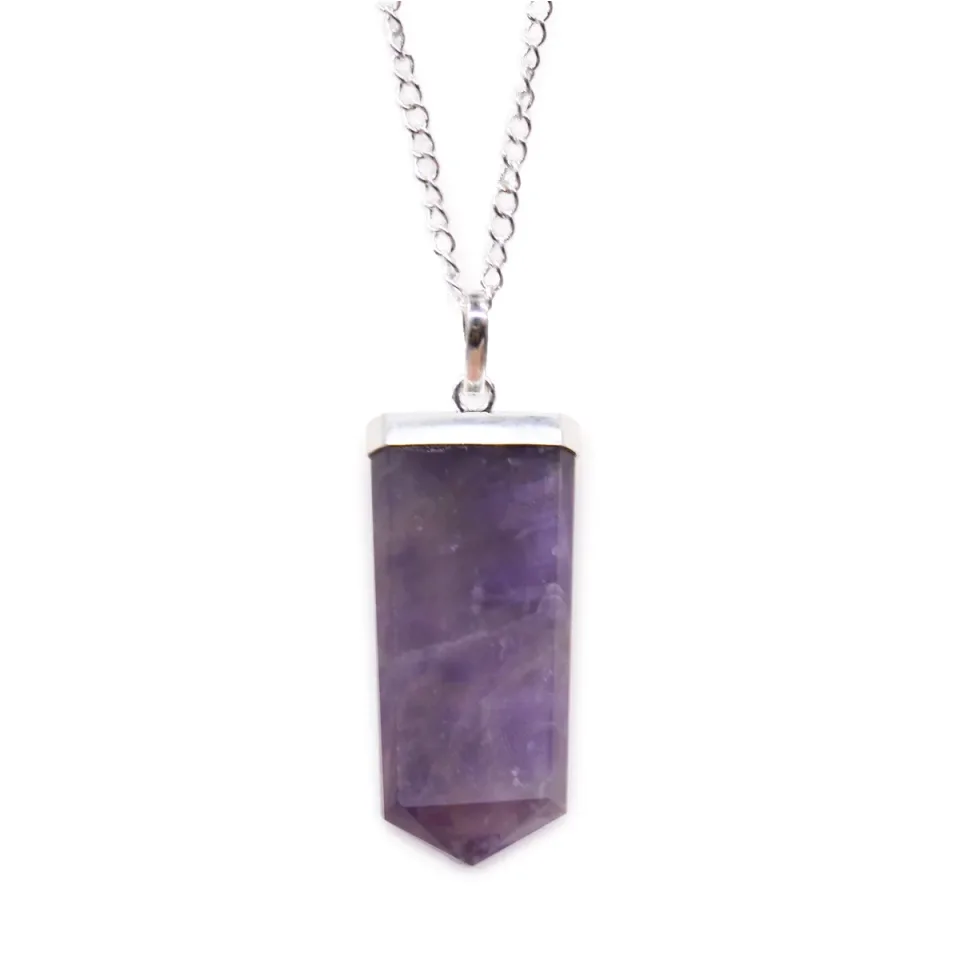 Pendentif en pierre sur chaîne plaquée argent, Crayon plat : améthyste