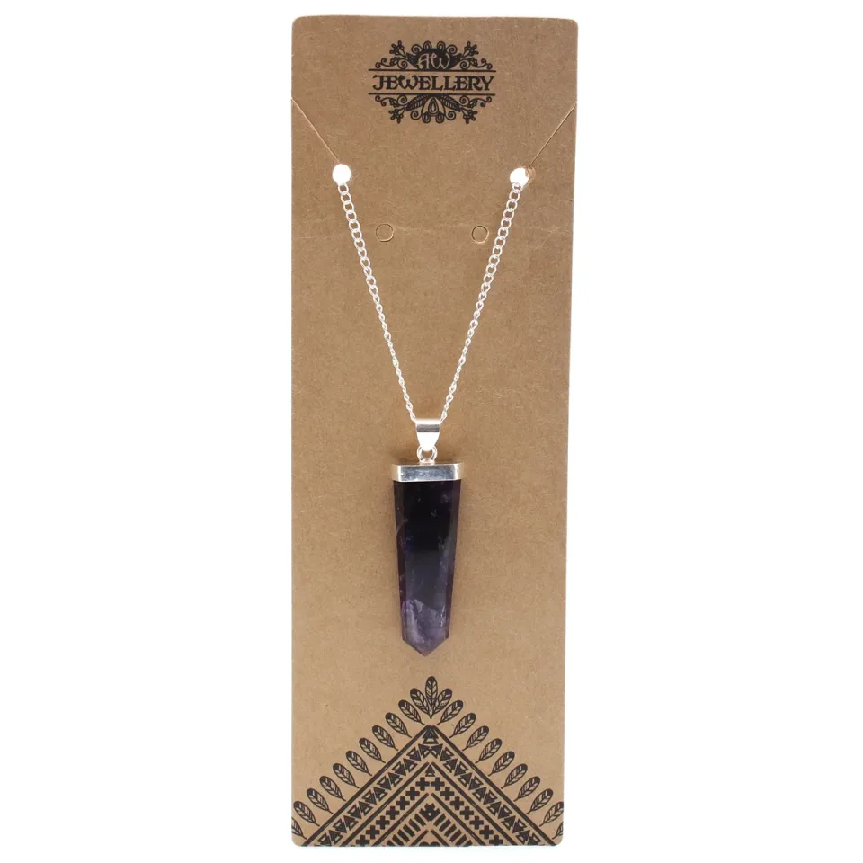Pendentif en pierre sur chaîne plaquée argent, Crayon plat : améthyste