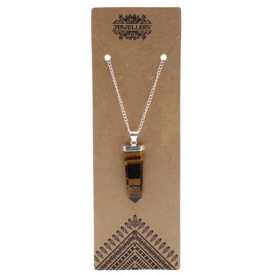Pendentif en pierre sur chaîne plaquée argent, Crayon plat : œil de tigre