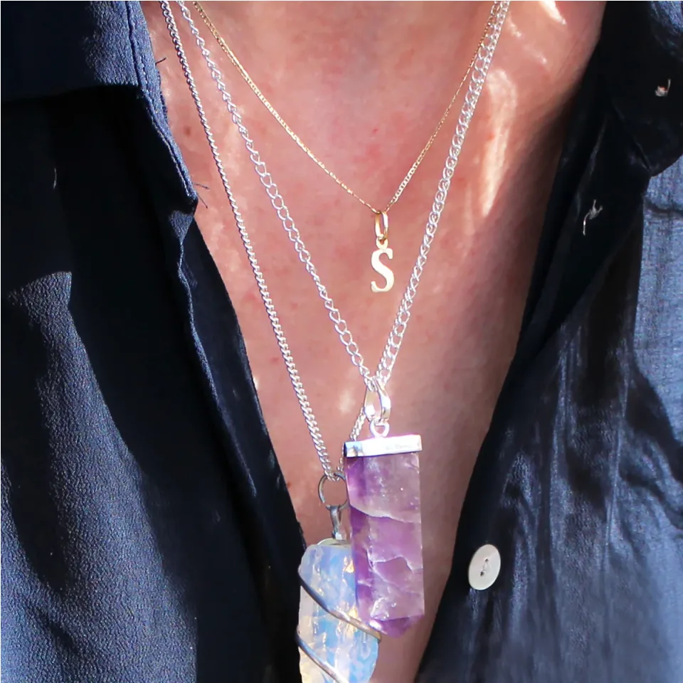 Pendentif en pierre sur chaîne plaquée argent, Crayon plat : œil de tigre