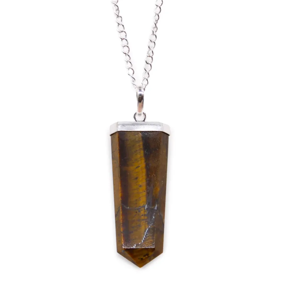 Pendentif en pierre sur chaîne plaquée argent, Crayon plat : œil de tigre