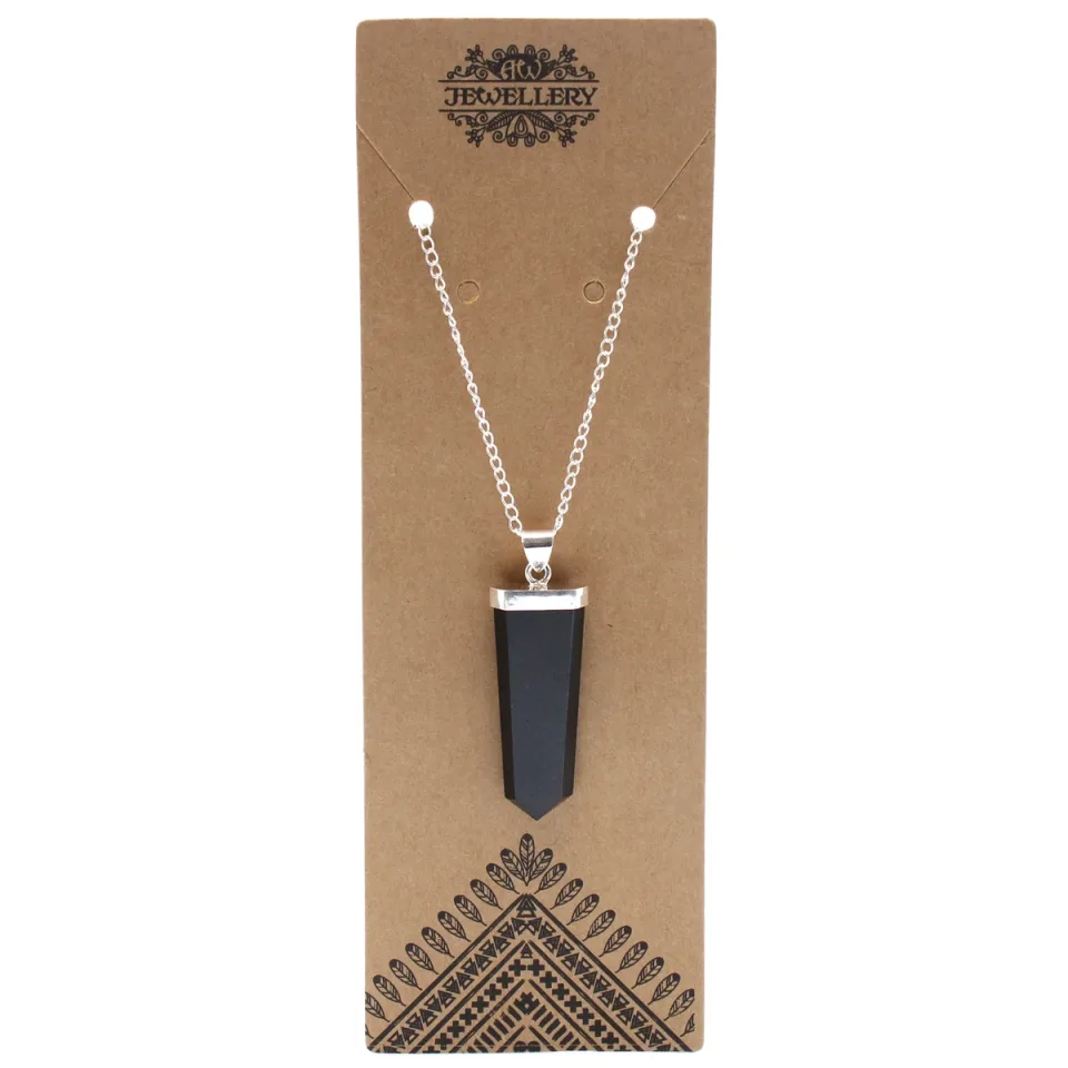 Pendentif en pierre sur chaîne plaquée argent, Crayon plat : agate noire