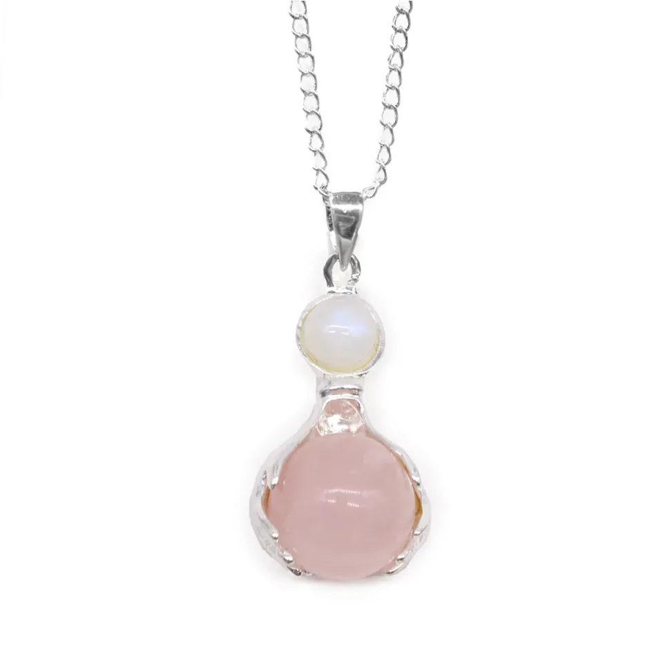 Pendentif en pierre sur chaîne plaquée argent, Mains guérisseuses : quartz rose