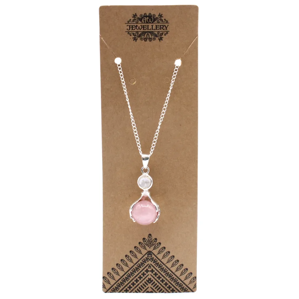 Pendentif en pierre sur chaîne plaquée argent, Mains guérisseuses : quartz rose