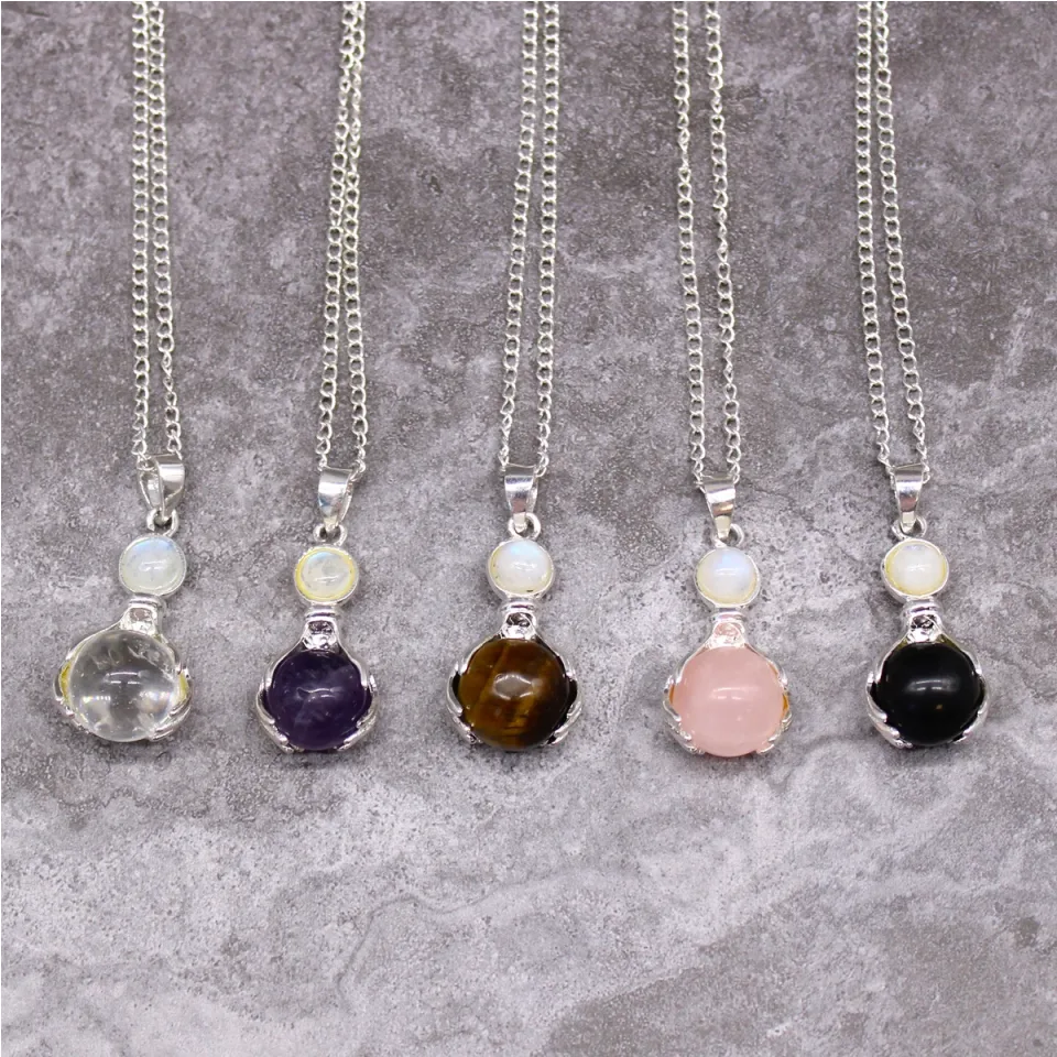 Pendentif en pierre sur chaîne plaquée argent, Mains guérisseuses : quartz rose
