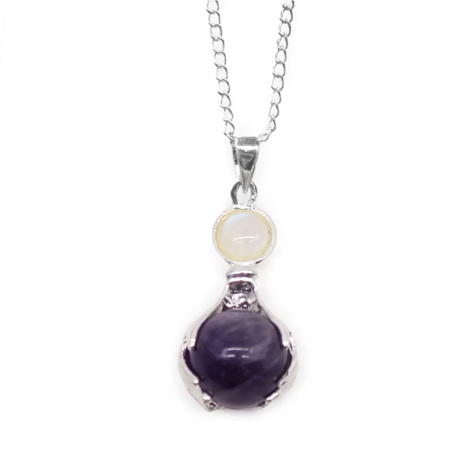 Pendentif en pierre sur chaîne plaquée argent, Mains guérisseuses : améthyste