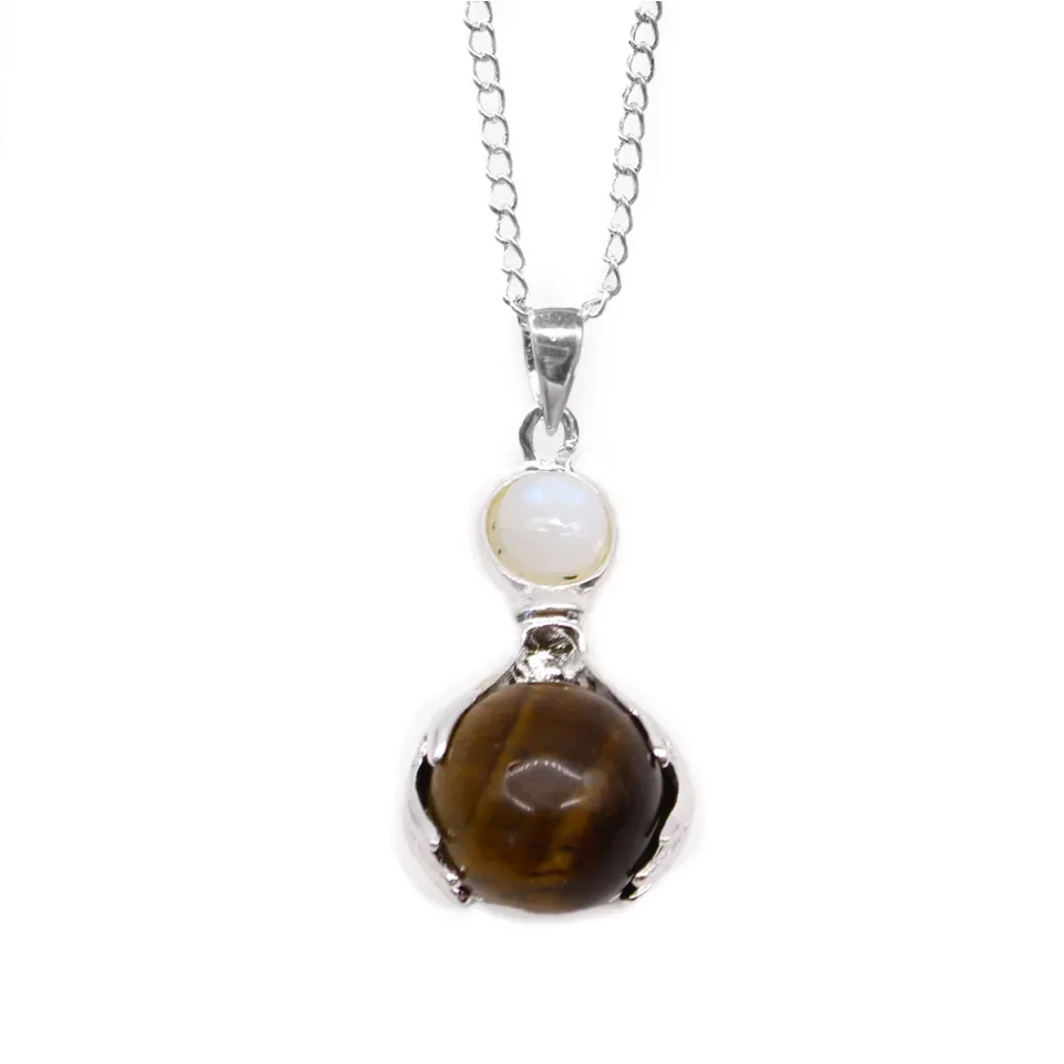 Pendentif en pierre sur chaîne plaquée argent, Mains guérisseuses : œil de tigre