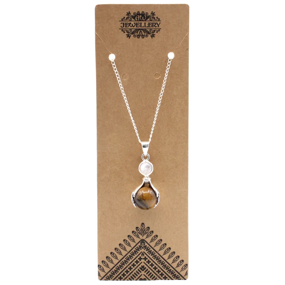 Pendentif en pierre sur chaîne plaquée argent, Mains guérisseuses : œil de tigre