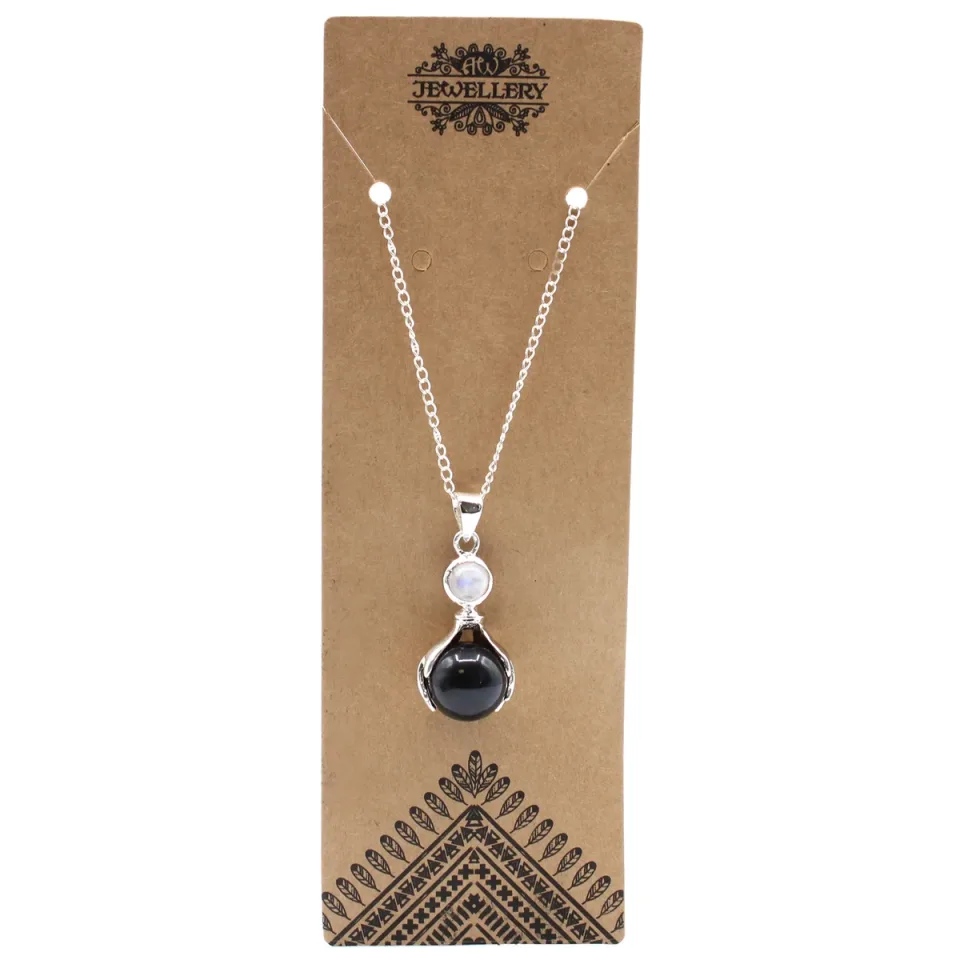 Pendentif en pierre sur chaîne plaquée argent, Mains guérisseuses : agate noire