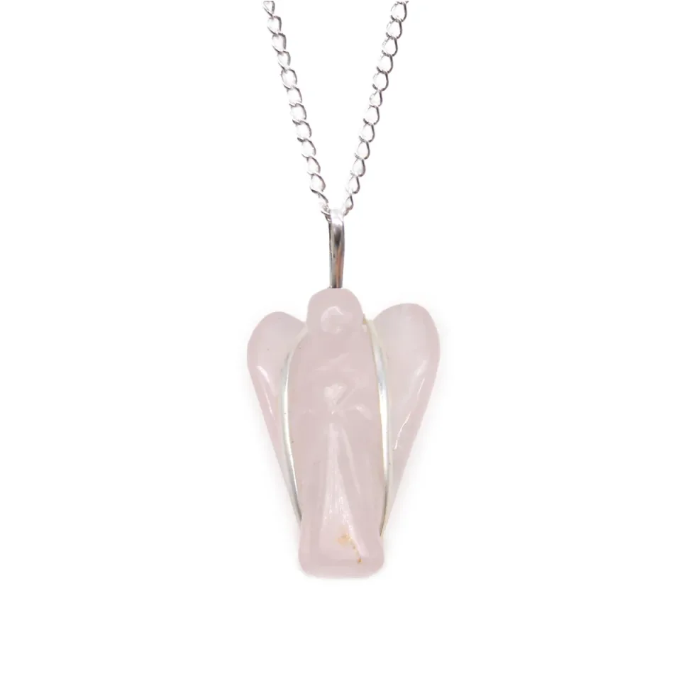 Pendentif en pierre sur chaîne plaquée argent, Ange gardien : quartz rose