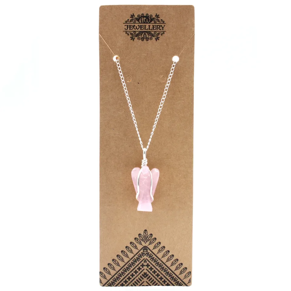 Pendentif en pierre sur chaîne plaquée argent, Ange gardien : quartz rose