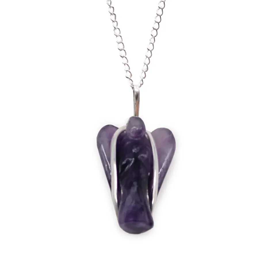 Pendentif en pierre sur chaîne plaquée argent, Ange gardien : améthyste
