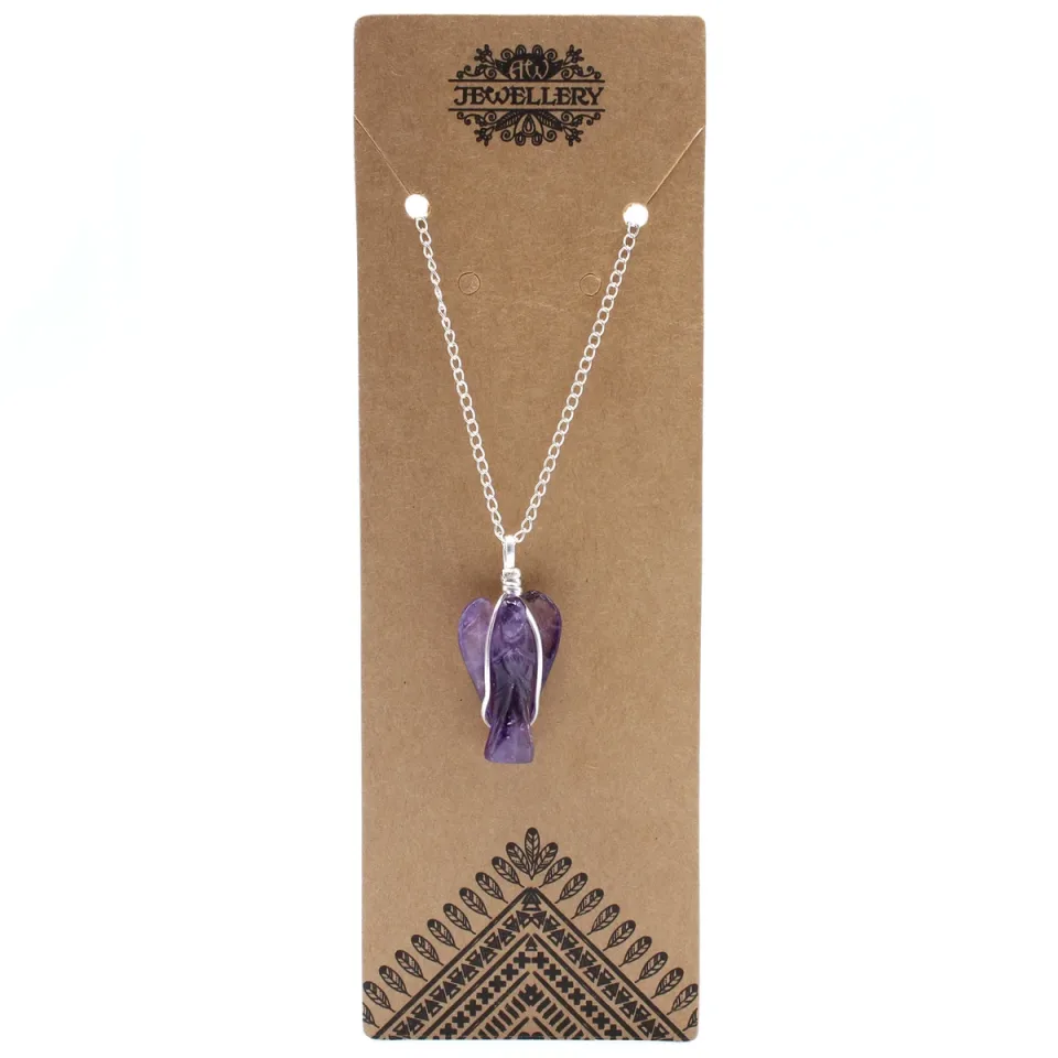 Pendentif en pierre sur chaîne plaquée argent, Ange gardien : améthyste