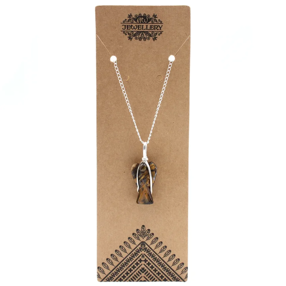Pendentif en pierre sur chaîne plaquée argent, Ange gardien : œil de tigre