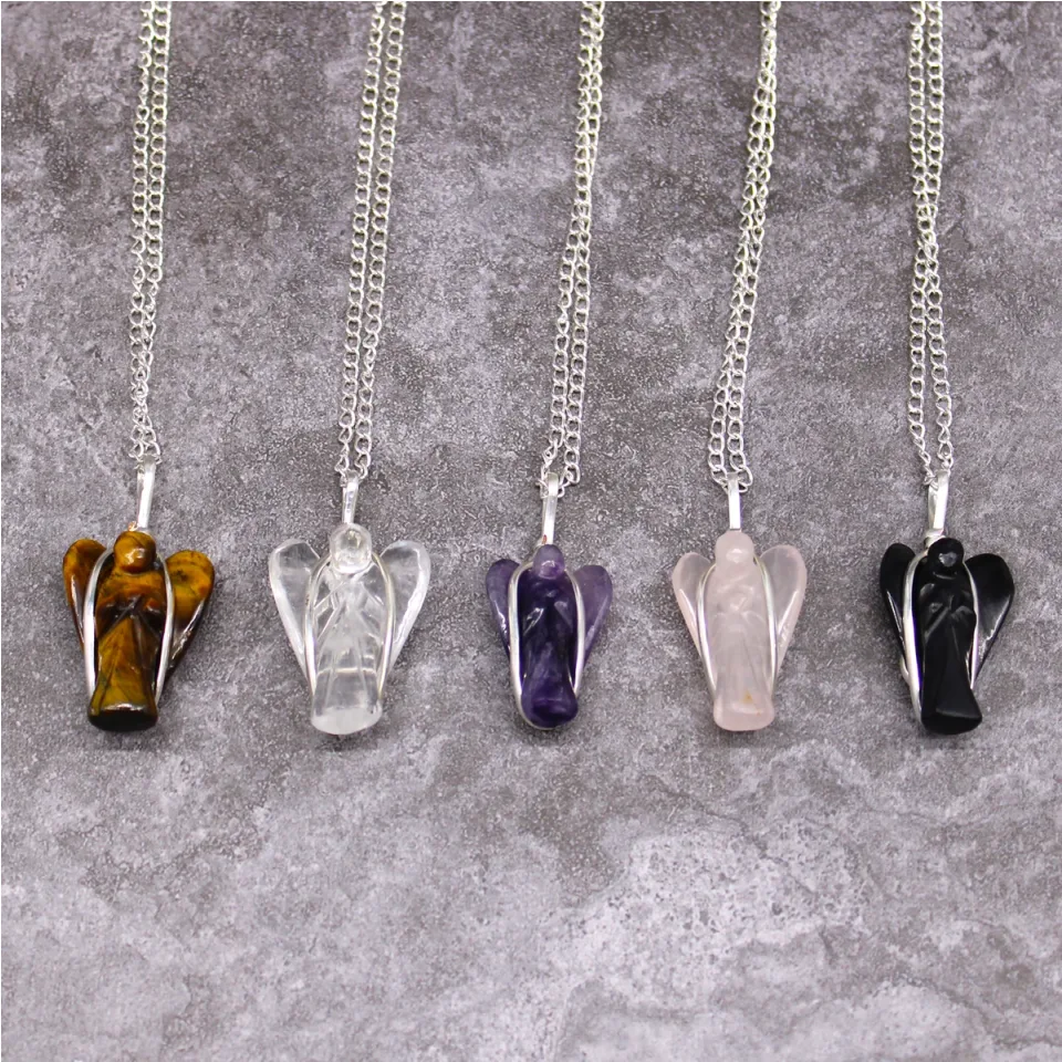 Pendentif en pierre sur chaîne plaquée argent, Ange gardien : œil de tigre