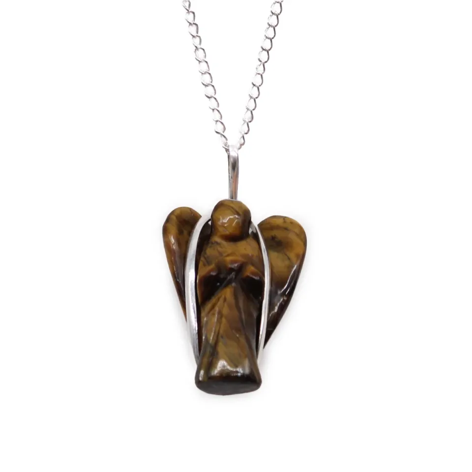 Pendentif en pierre sur chaîne plaquée argent, Ange gardien : œil de tigre