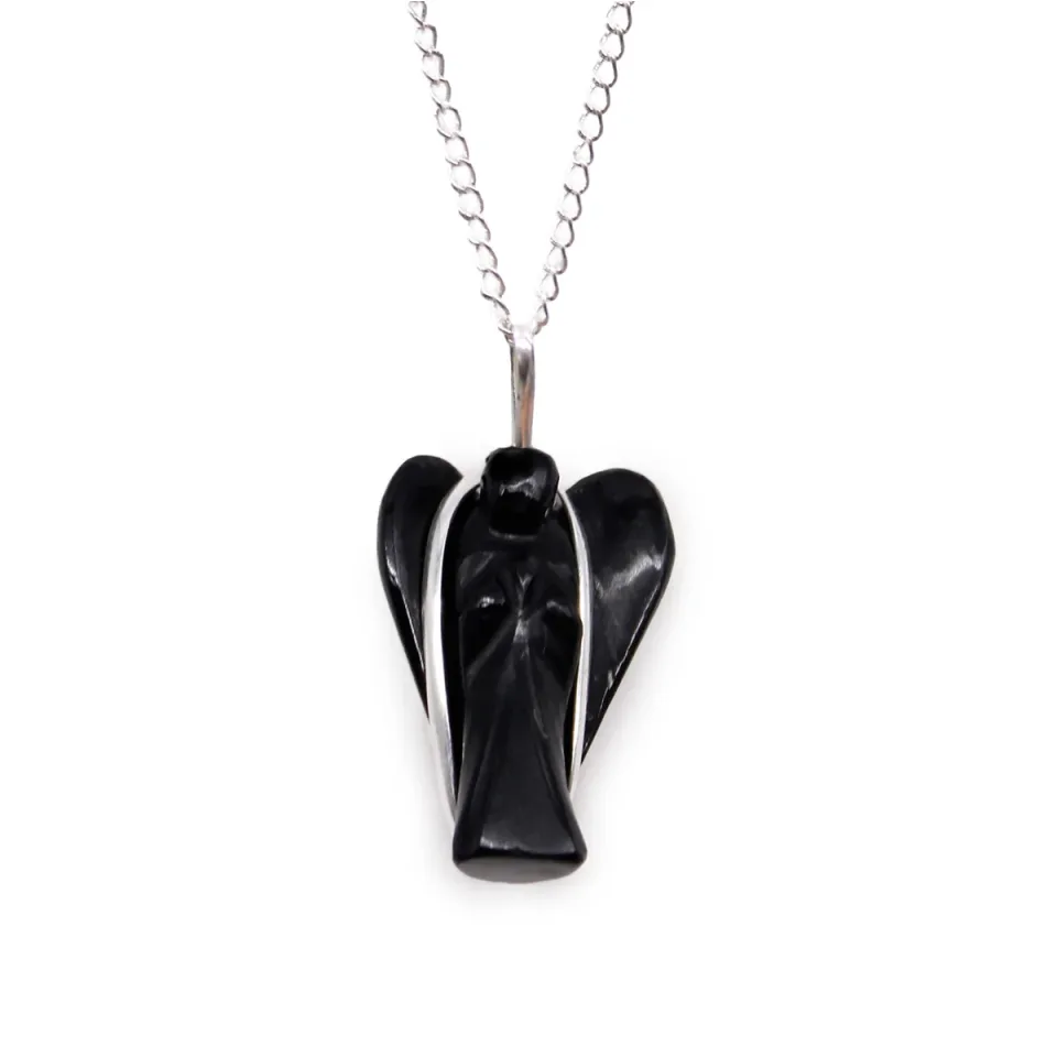 Pendentif en pierre sur chaîne plaquée argent, Ange gardien : agate noire