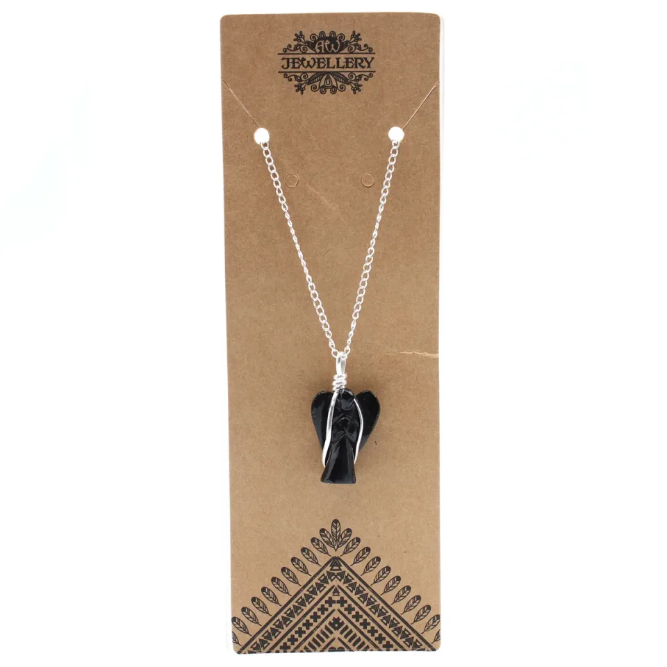 Pendentif en pierre sur chaîne plaquée argent, Ange gardien : agate noire