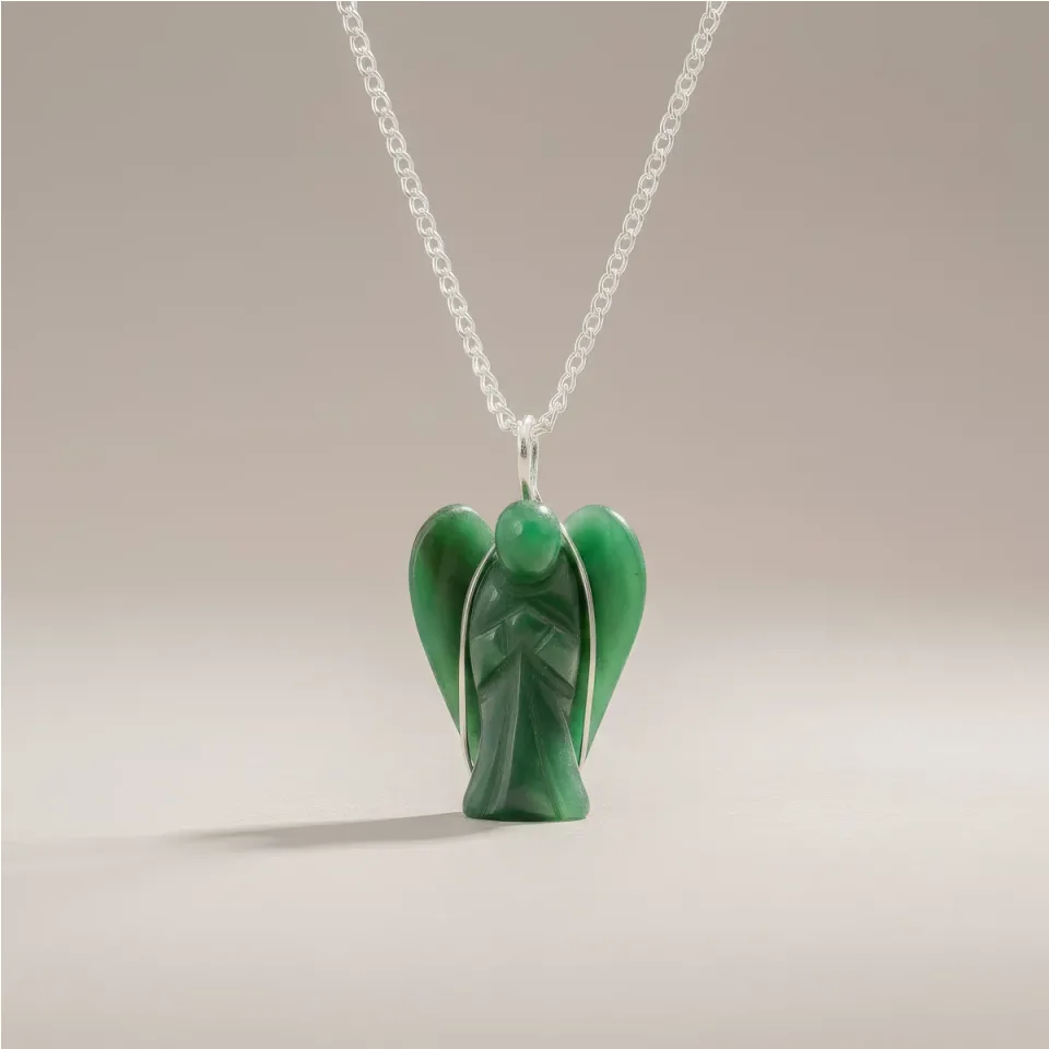 Pendentif en pierre sur chaîne plaquée argent, Ange gardien : aventurine verte