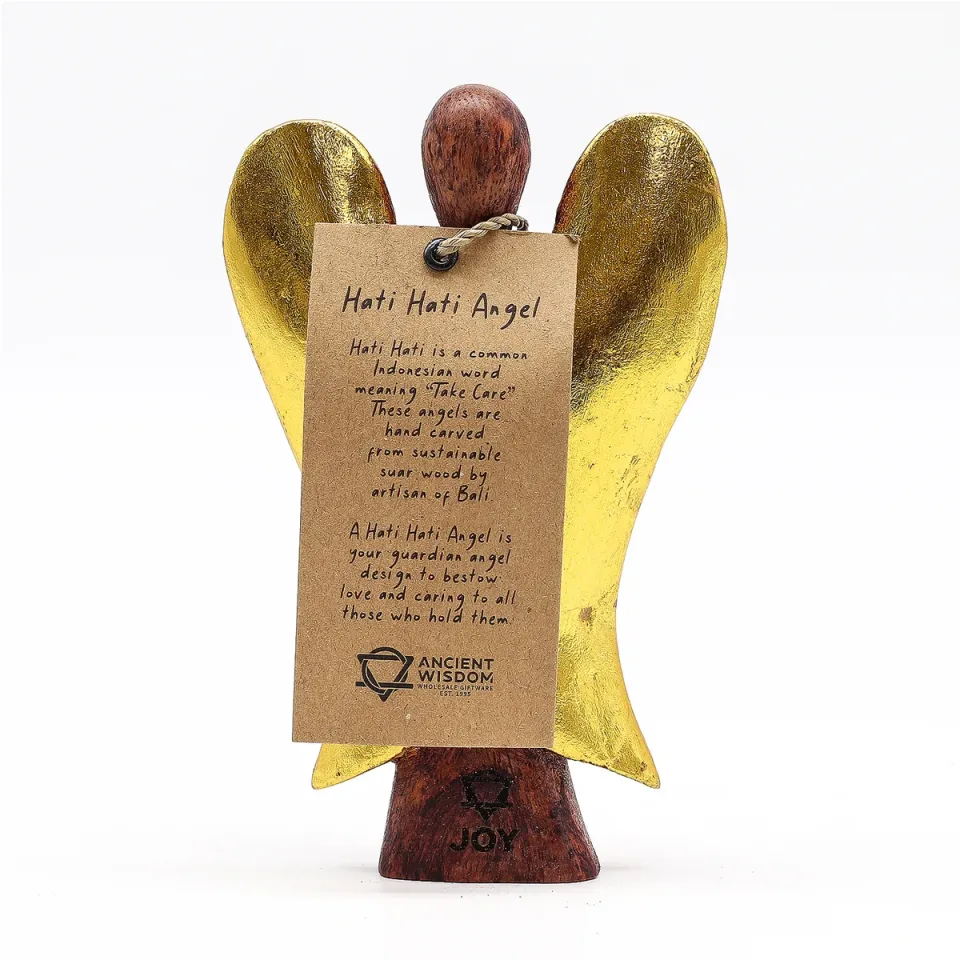 Ange Hati-Hati en bois sculpté : « Joie », 15 cm
