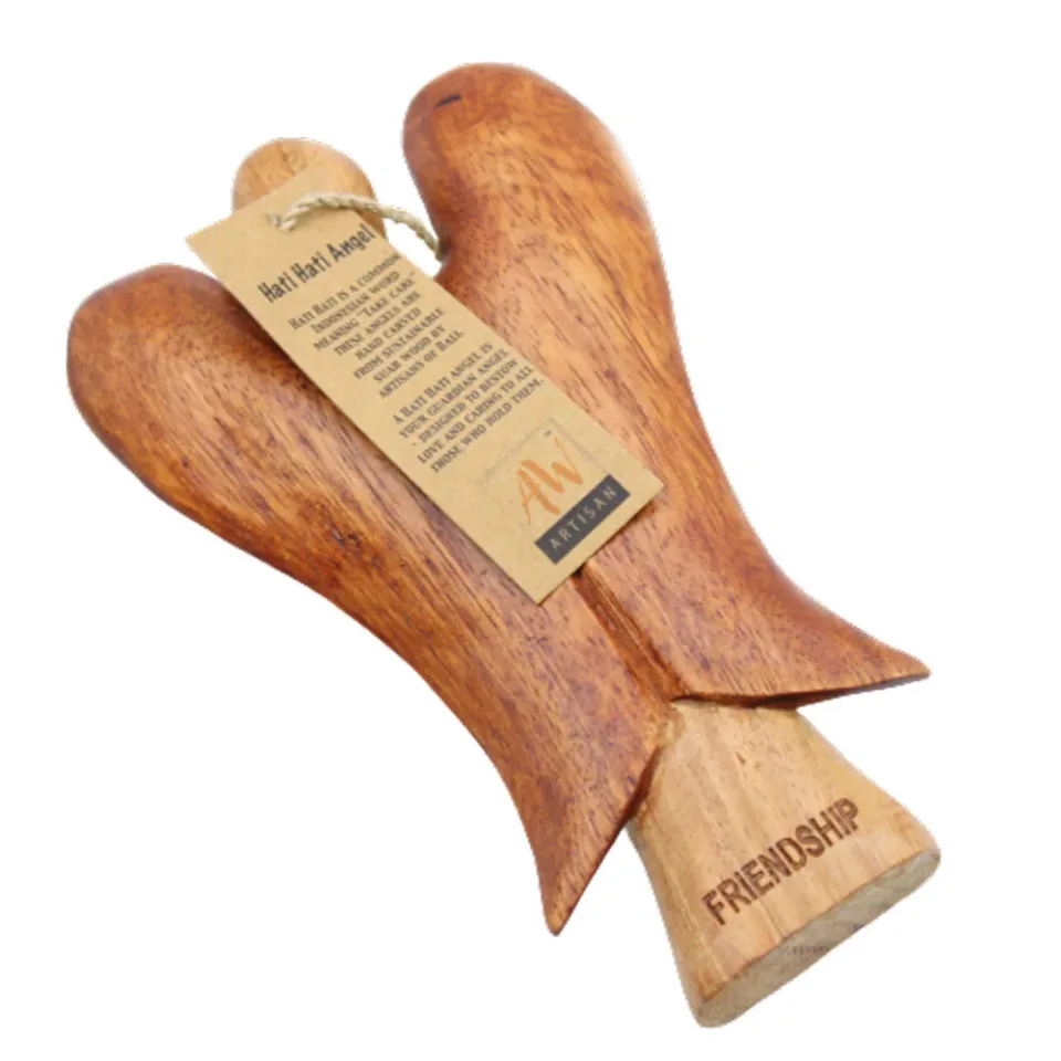 Ange Hati-Hati en bois sculpté : « Amitié », 15 cm