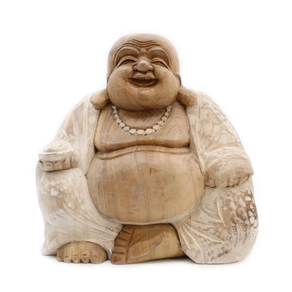 Statue de Bouddha sculptée main, rieur, patine blanche : 30 cm