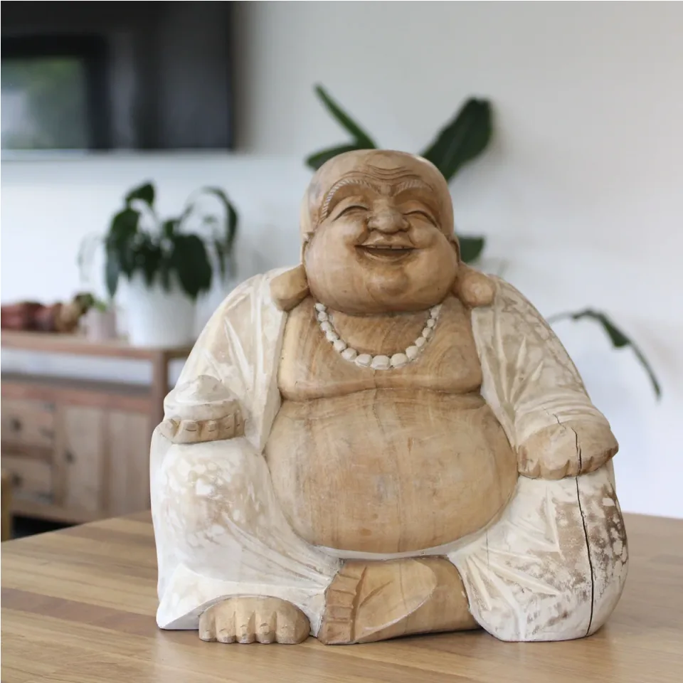 Statue de Bouddha sculptée main, rieur, patine blanche : 30 cm