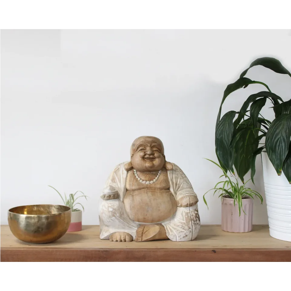 Statue de Bouddha sculptée main, rieur, patine blanche : 30 cm