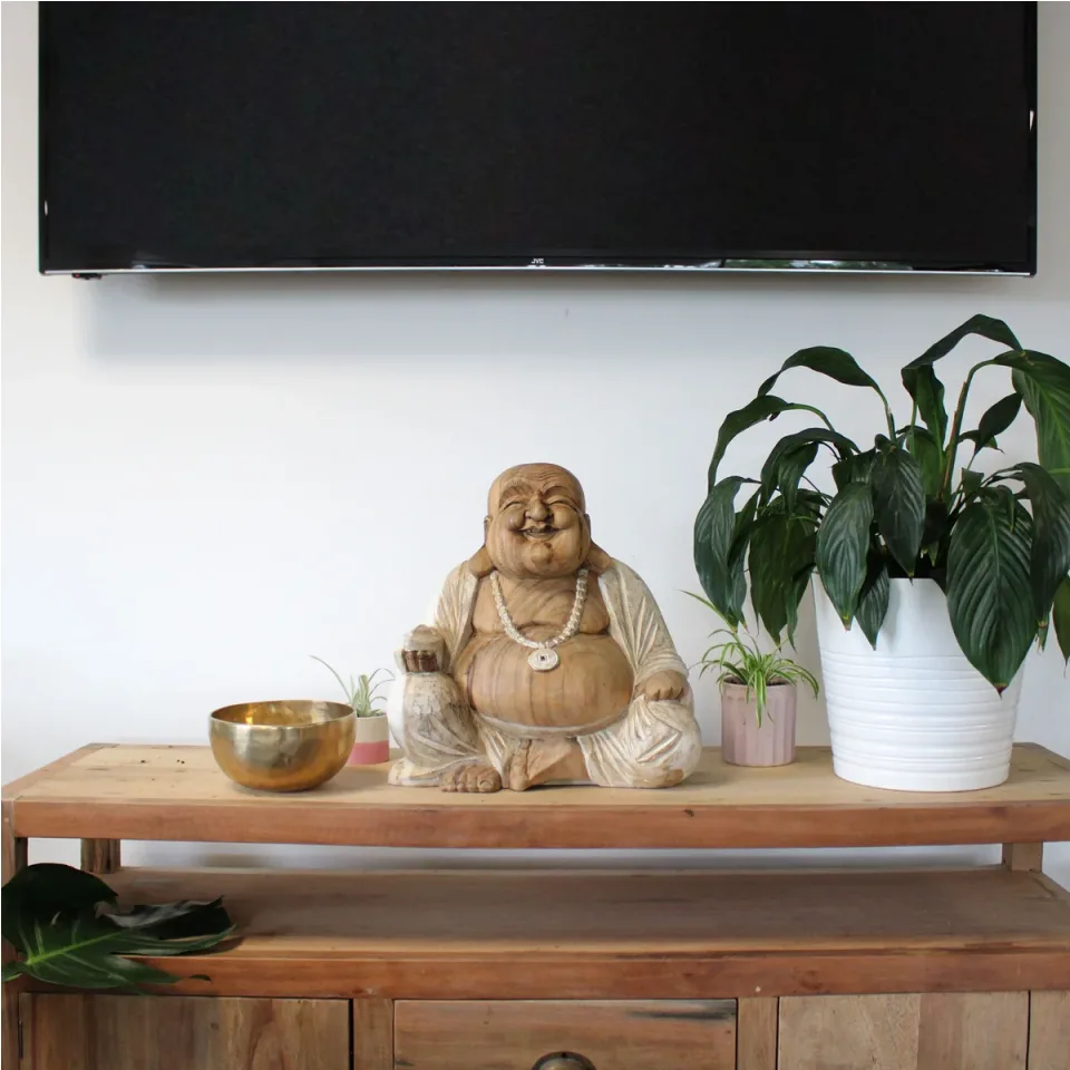 Statue de Bouddha sculptée main, rieur, patine blanche : 40 cm