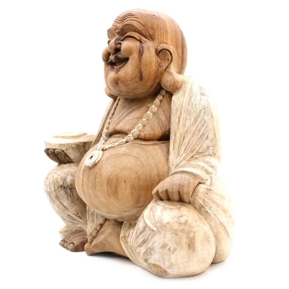 Statue de Bouddha sculptée main, rieur, patine blanche : 40 cm