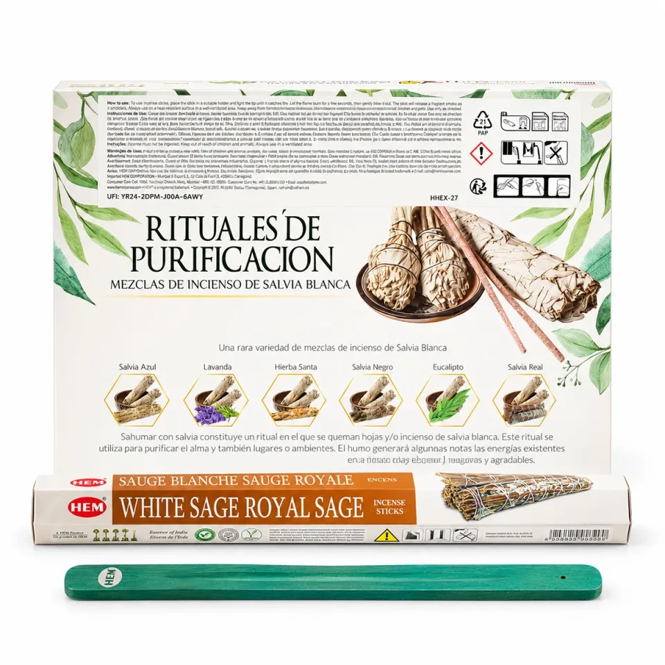 Encens hexagonaux HEM, collections : Collection sauge blanche et porte-cendres (pack de 6)