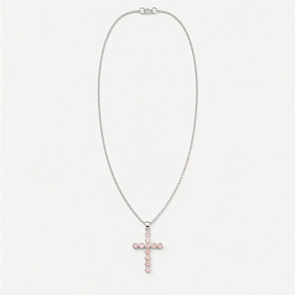 Pendentif croix en pierre sur chaîne : Sur chaîne : croix en quartz rose