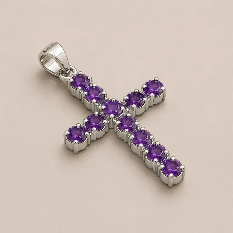 Pendentif croix en pierre sur chaîne : Sur chaîne : croix en améthyste