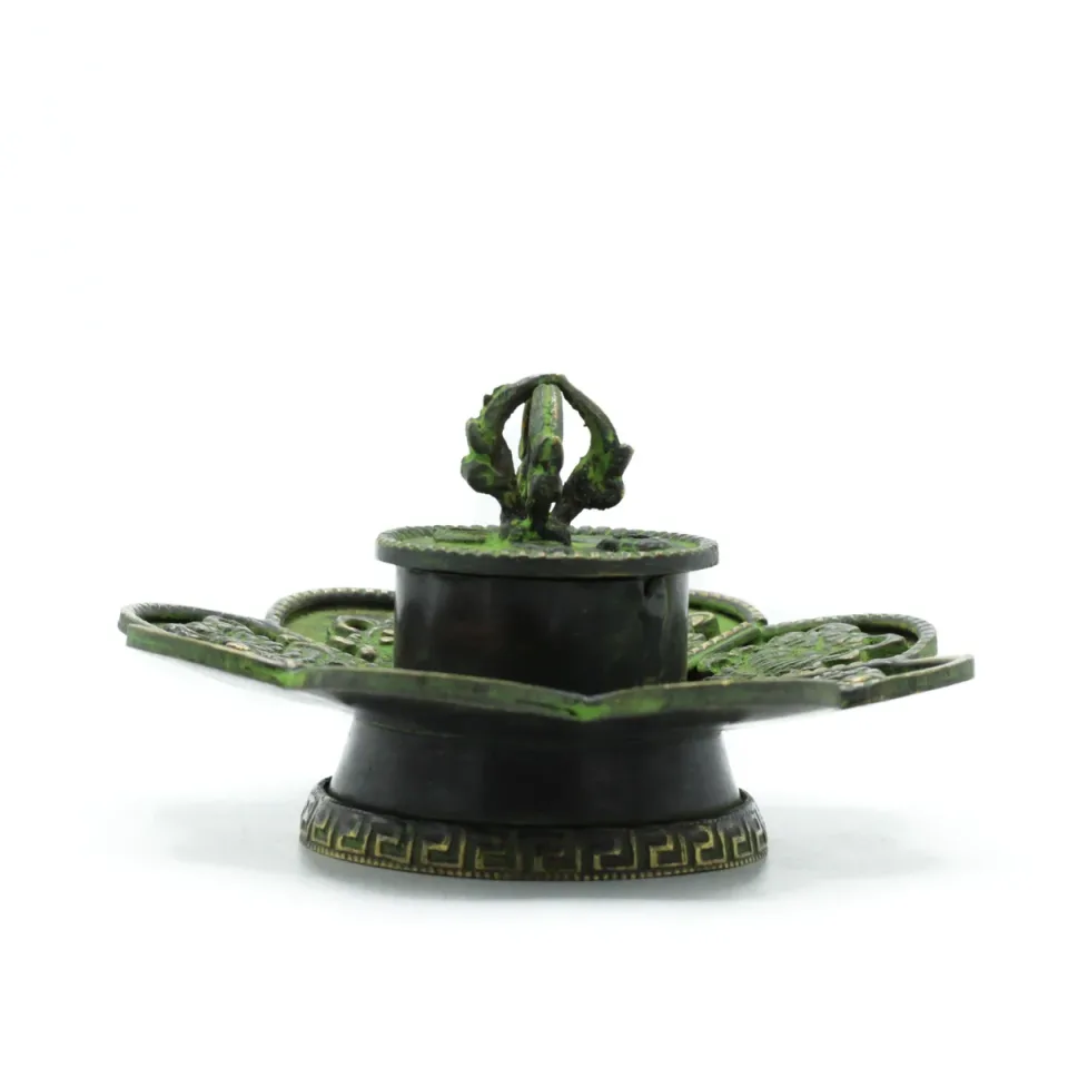 Porte-cône et porte-encens tibétain vert-de-gris, huit symboles : Modèle unique