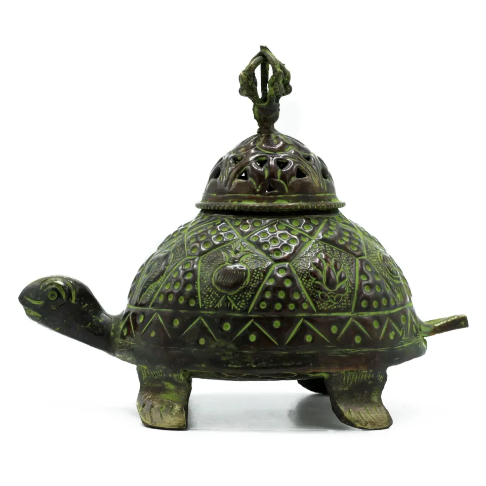 Porte-encens tortue tibétain vert-de-gris, grand modèle : Modèle unique
