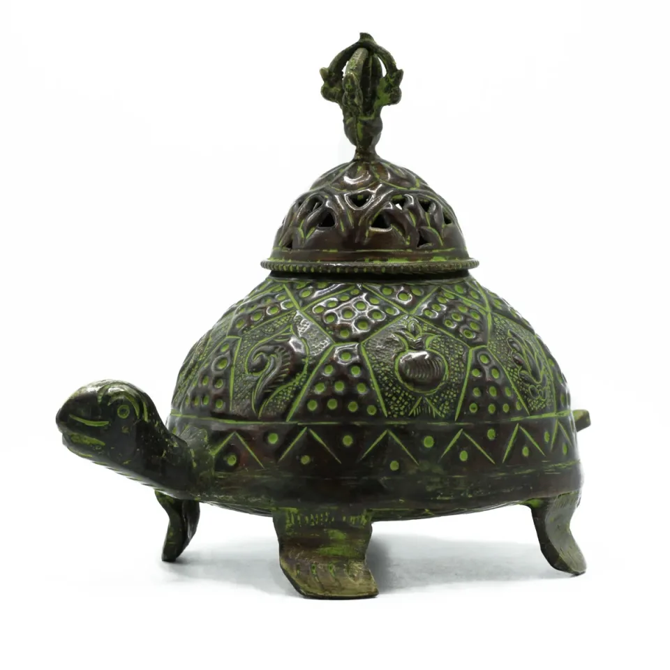 Porte-encens tortue tibétain vert-de-gris, grand modèle : Modèle unique