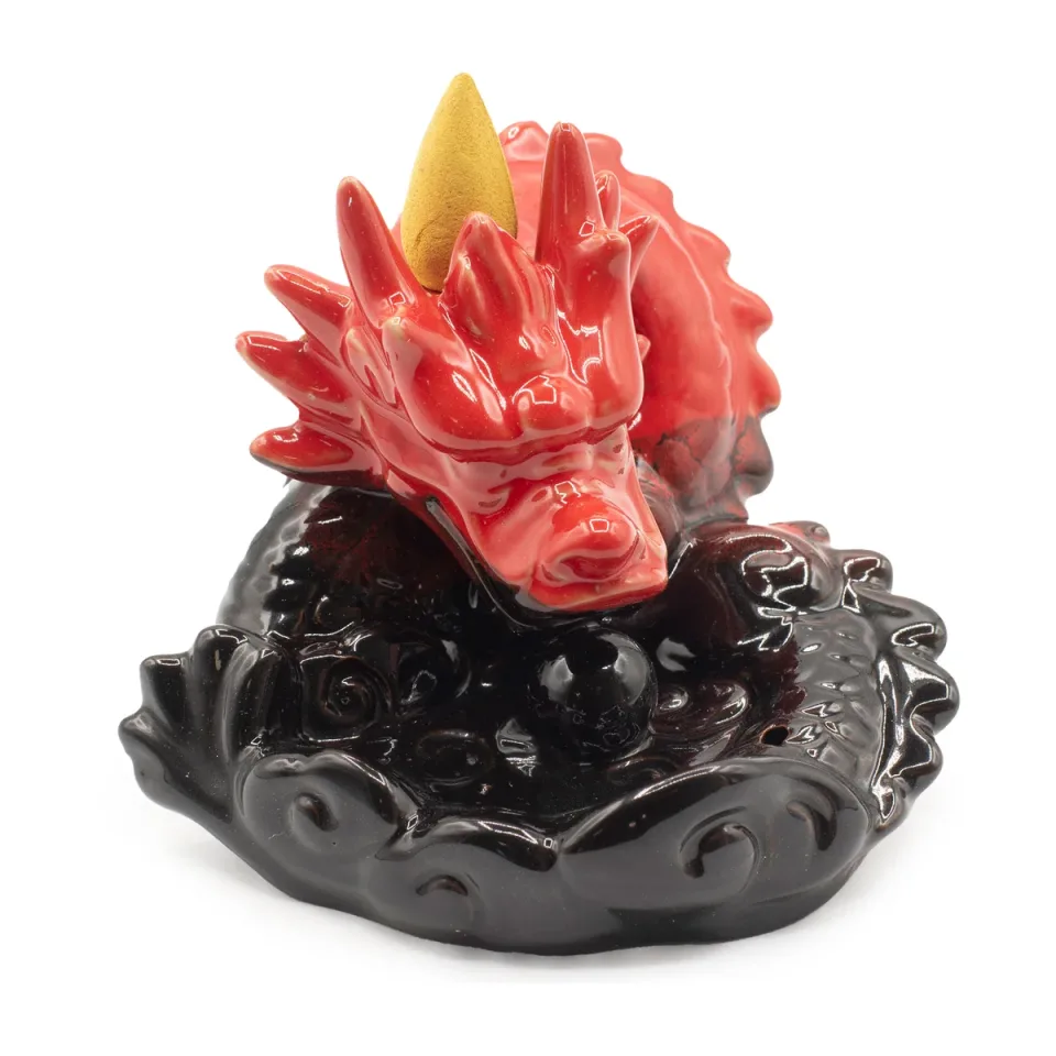 Brûleur d'encens à reflux en céramique, Petit dragon rouge : Modèle unique