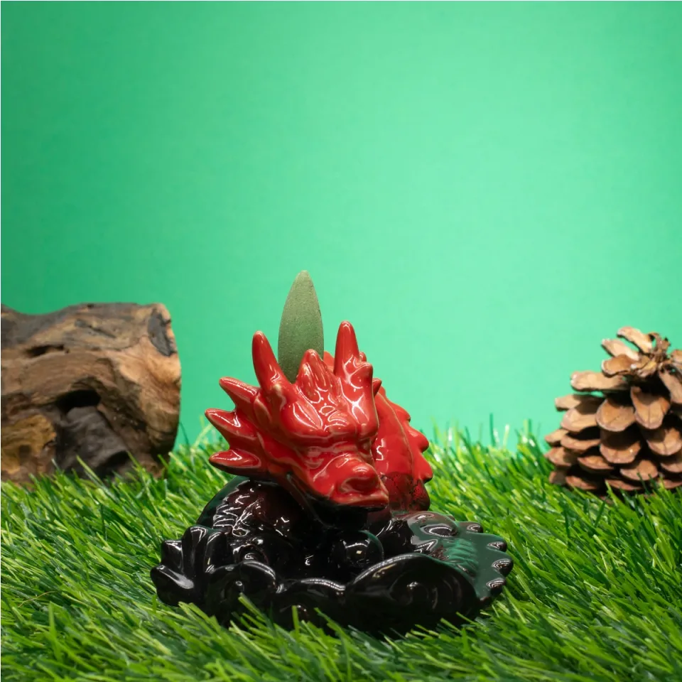 Brûleur d'encens à reflux en céramique, Petit dragon rouge : Modèle unique