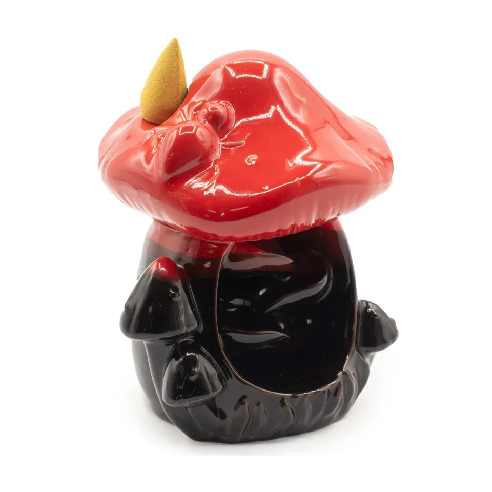Brûleur d'encens à reflux en céramique, Grand champignon rouge : Modèle unique
