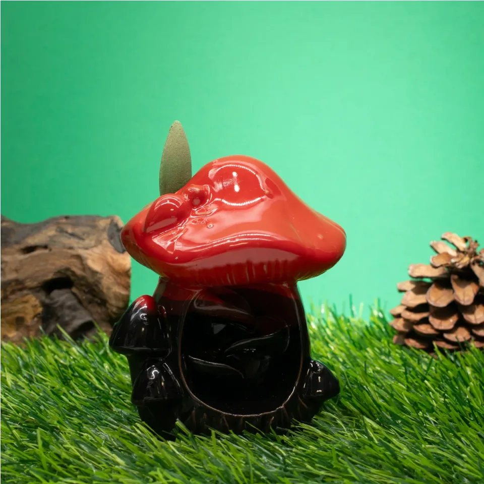 Brûleur d'encens à reflux en céramique, Grand champignon rouge : Modèle unique