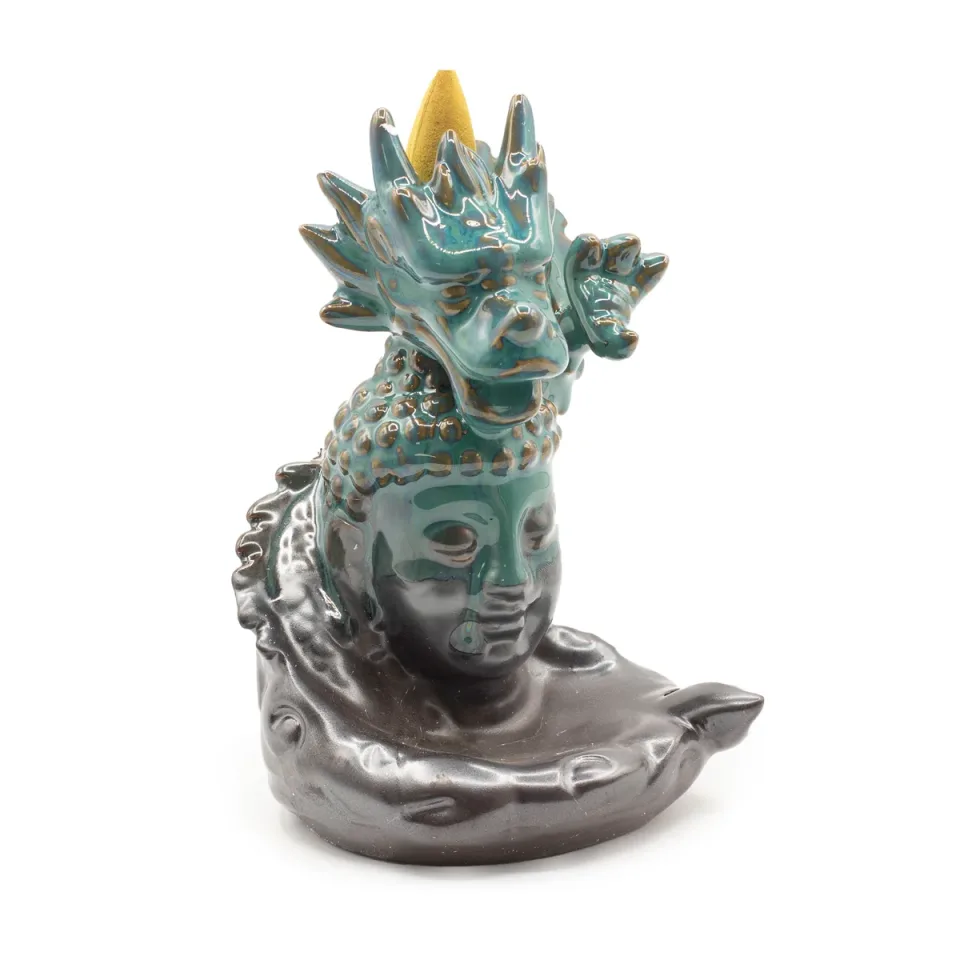Brûleur d'encens à reflux en céramique, Dragon au-dessus de Bouddha : Modèle unique