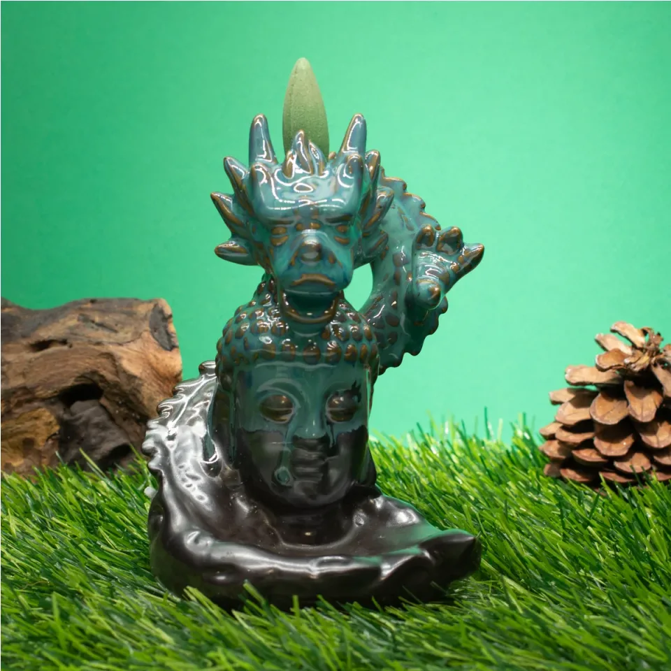 Brûleur d'encens à reflux en céramique, Dragon au-dessus de Bouddha : Modèle unique