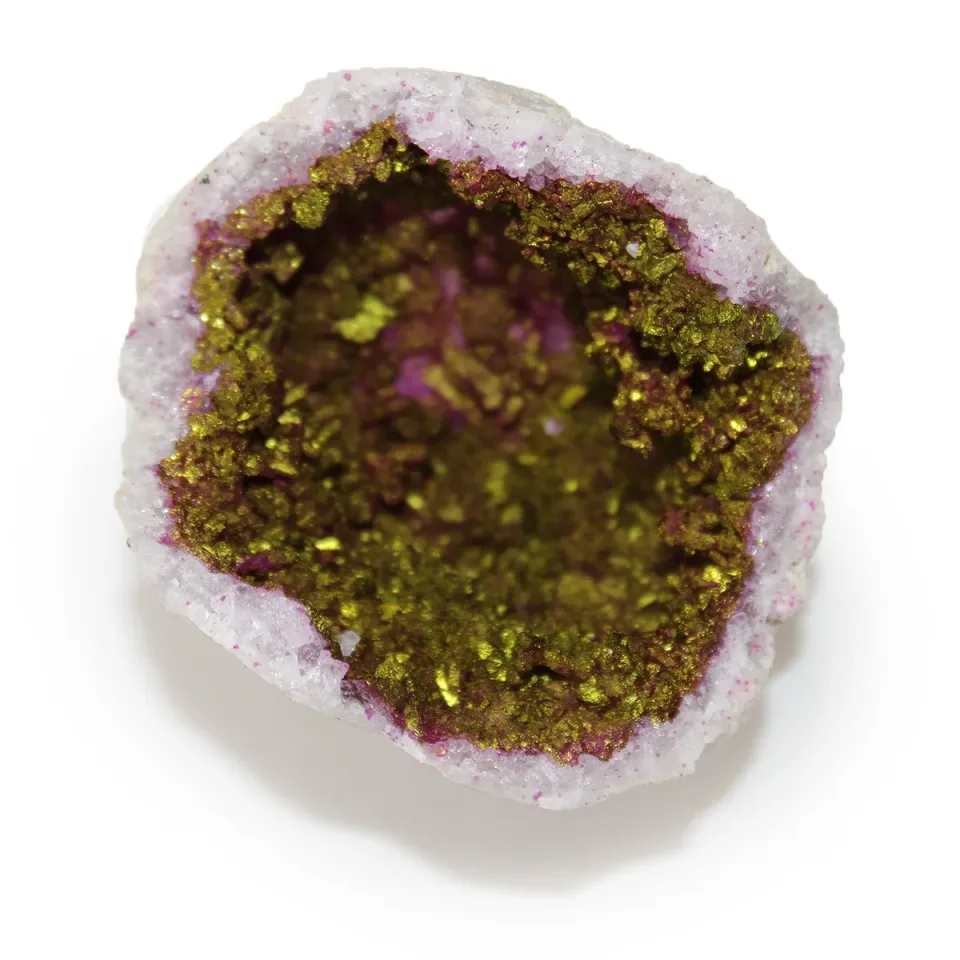 Géode de calcite colorée, rose et or : Modèle unique