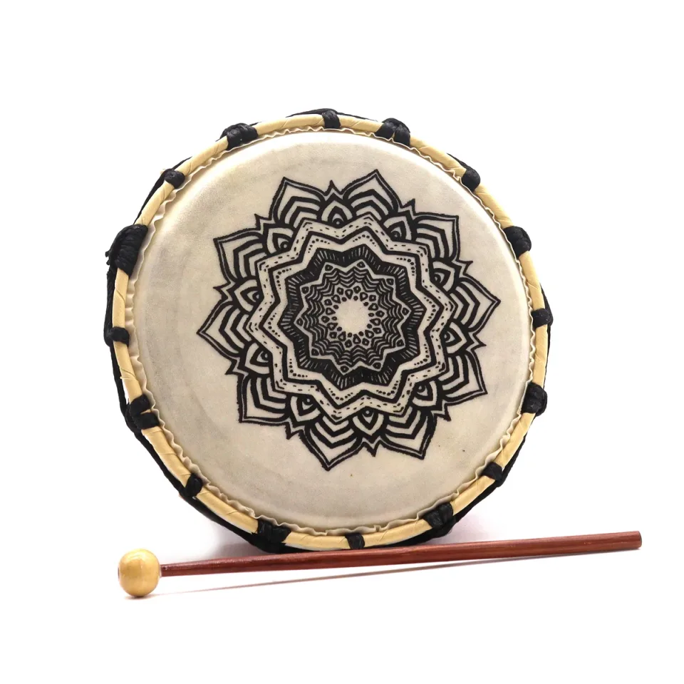 Tambour chamanique mandala avec baguettes, 20 cm : Modèle unique