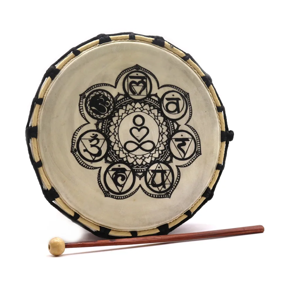 Tambour chamanique chakras avec baguette, 25 cm : Modèle unique