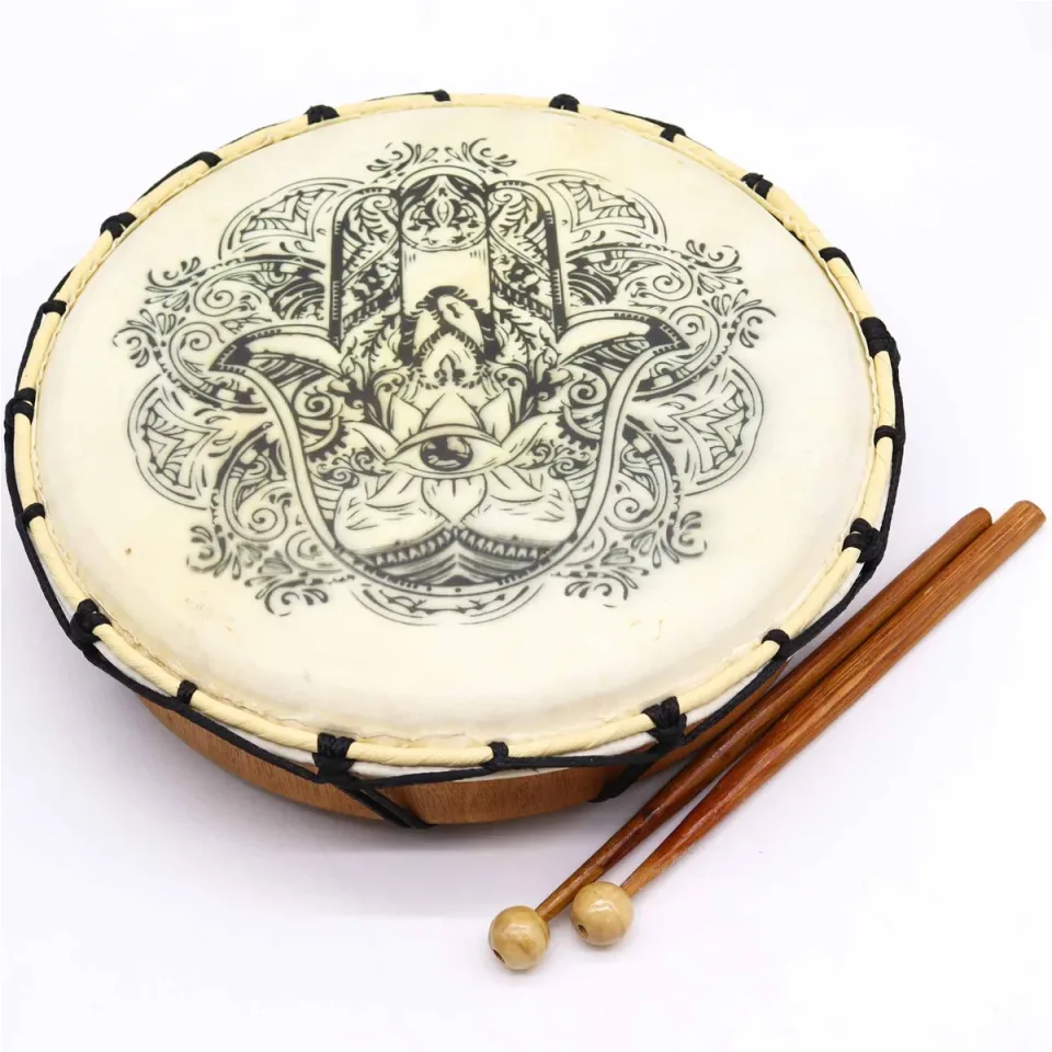 Tambour chamanique hamsa avec deux baguettes, 30 cm : Modèle unique