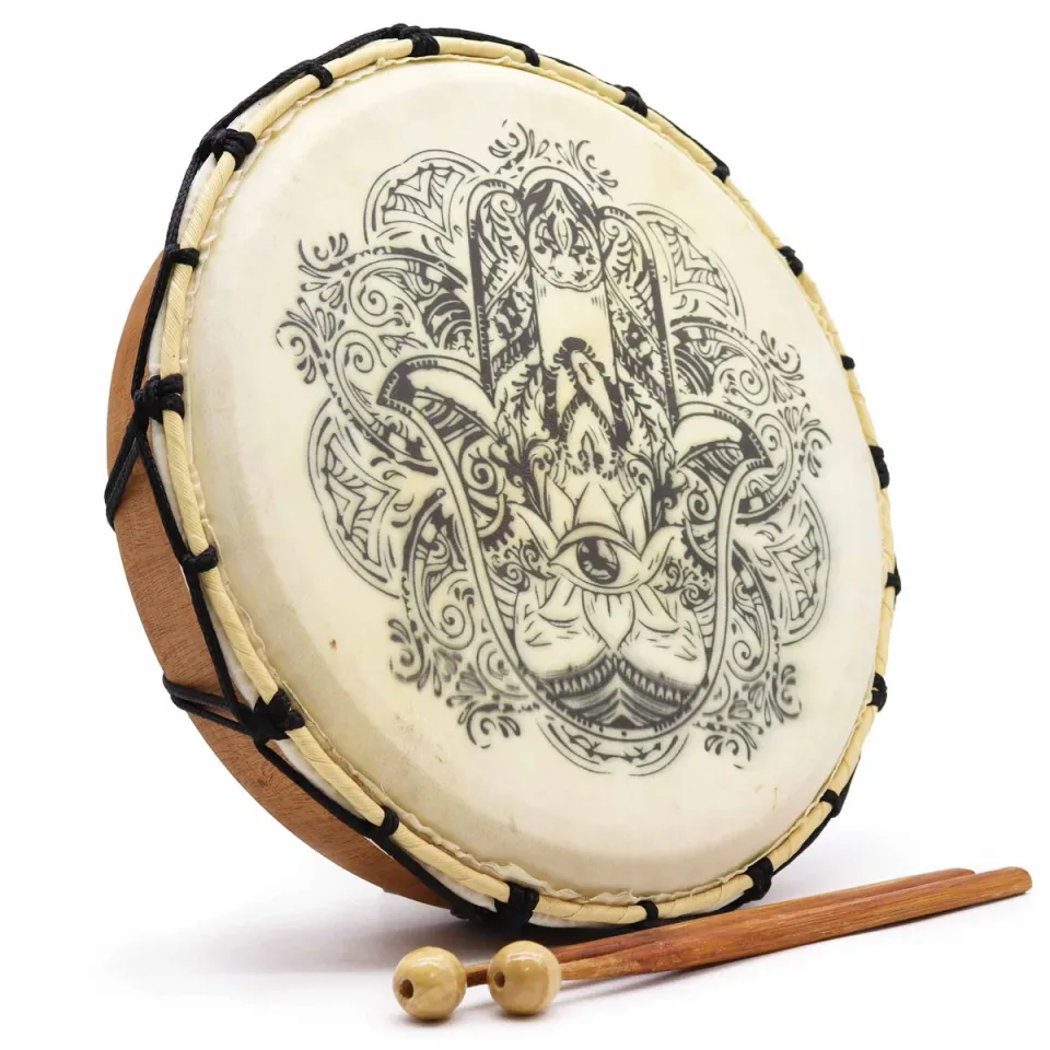 Tambour chamanique hamsa avec deux baguettes, 30 cm : Modèle unique