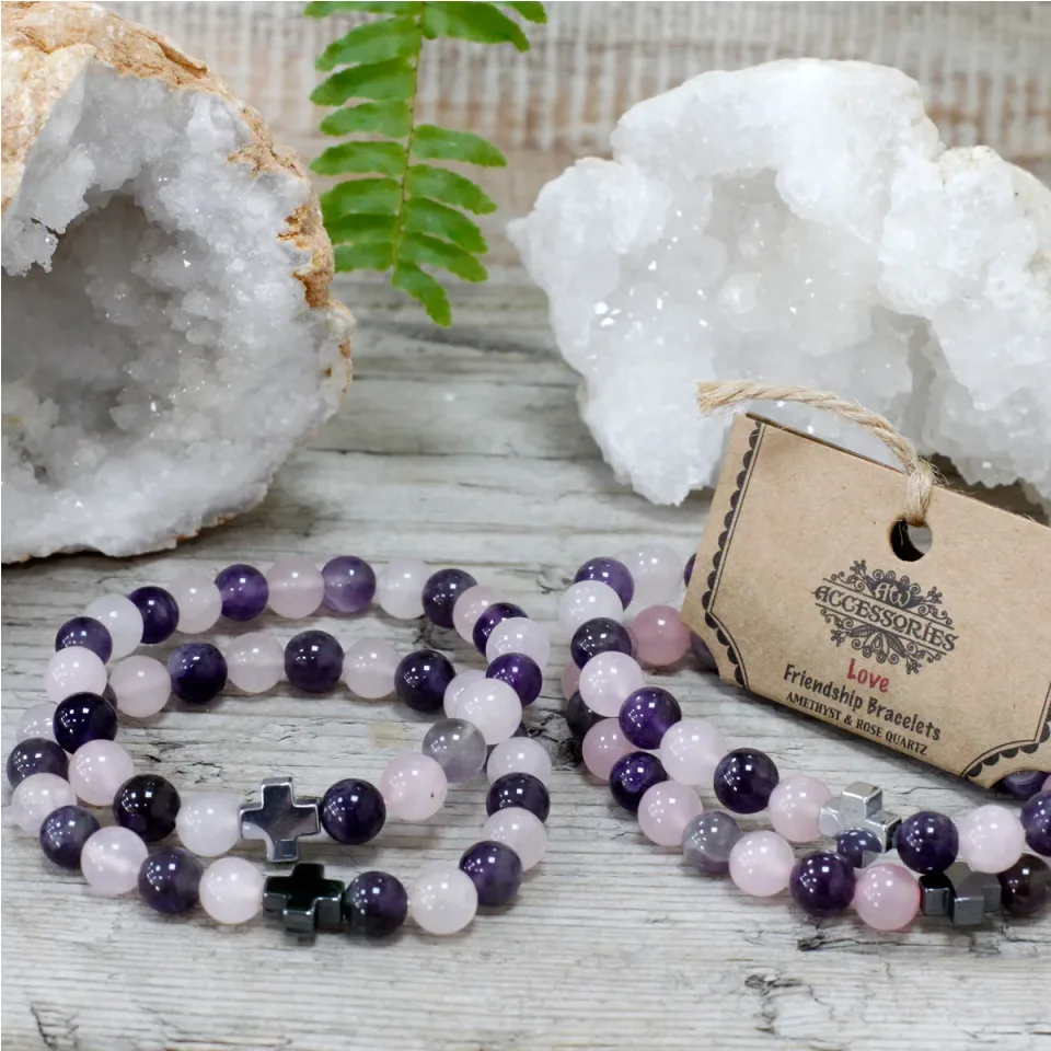 Lot de 2 bracelets d'amitié, Amour : améthyste et quartz rose : Modèle unique