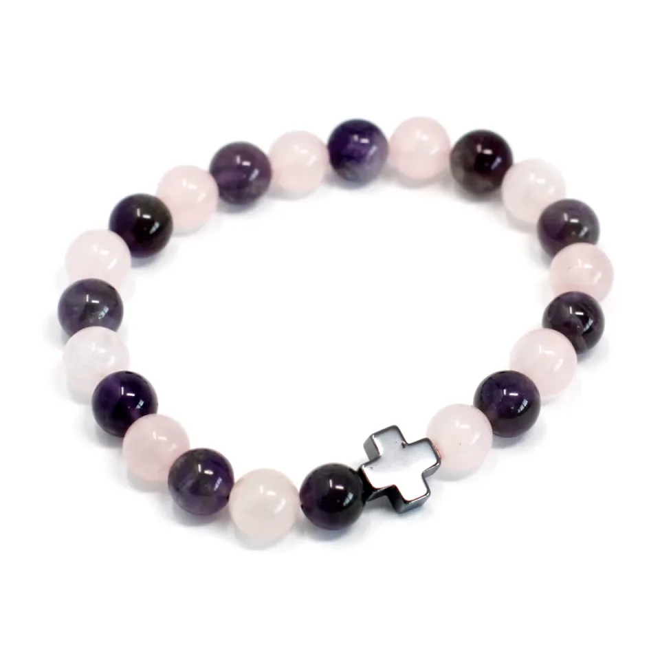 Lot de 2 bracelets d'amitié, Amour : améthyste et quartz rose : Modèle unique