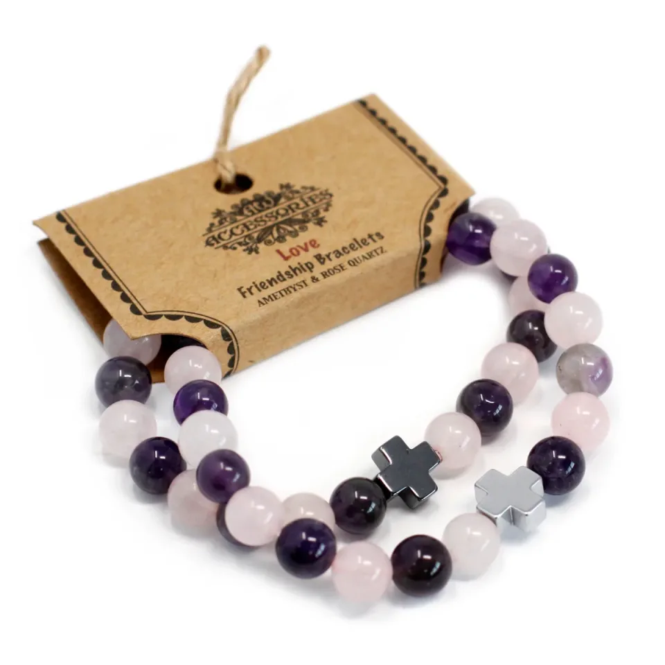 Lot de 2 bracelets d'amitié, Amour : améthyste et quartz rose : Modèle unique